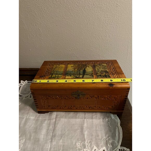 Vintage Etched Wooden Jewelry Keepsake Box with Mirror and Cottage Scene - Picture 5 of 8